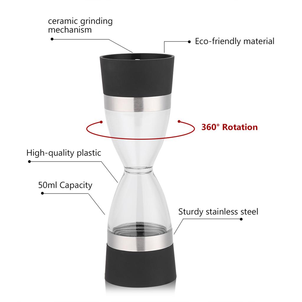 2 In 1 Double Ended Manual Kitchen Salt & Pepper Mill Grinder Adjustable Ceramic Rotor Black