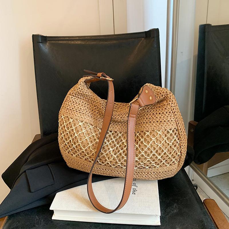 Minimalist Woven Straw Bag For Daily With Zipper Closure