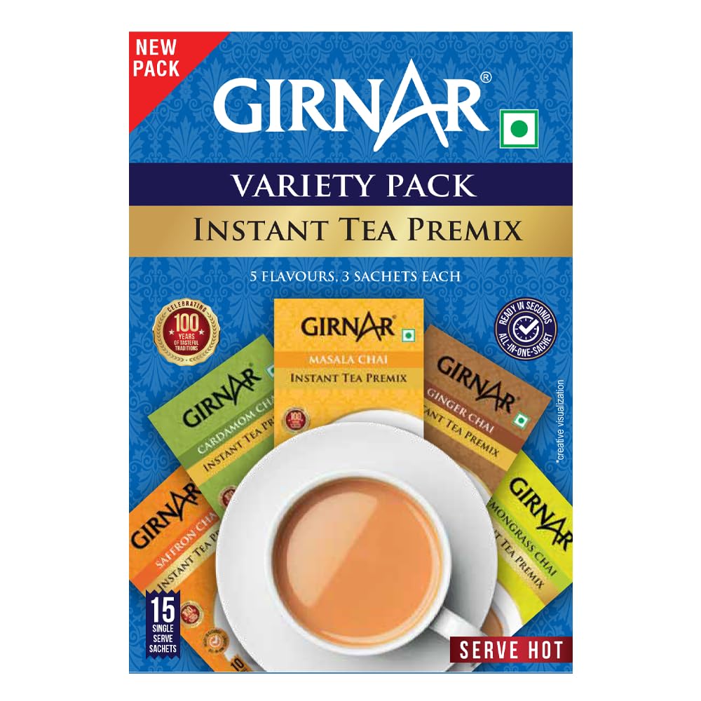 Girnar Instant Premix Chai Variety Pack With 15 Sachets Green Tea Flavors For Gifting Travel And Daily Enjoyment