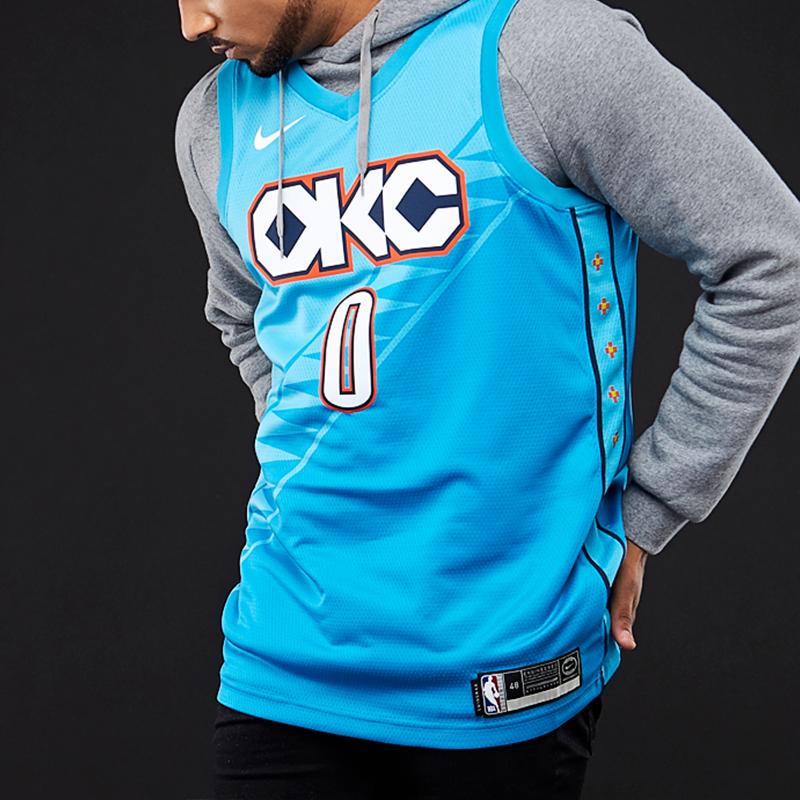 Nike NBA 18-19 Russell Westbrook City Edition Jersey Thunder No. 0 Men Jerseys Blue AJ4632-445