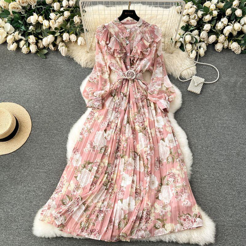 

Tea Break French Style Silm Floral Chiffon Pleated Dress Pink One size