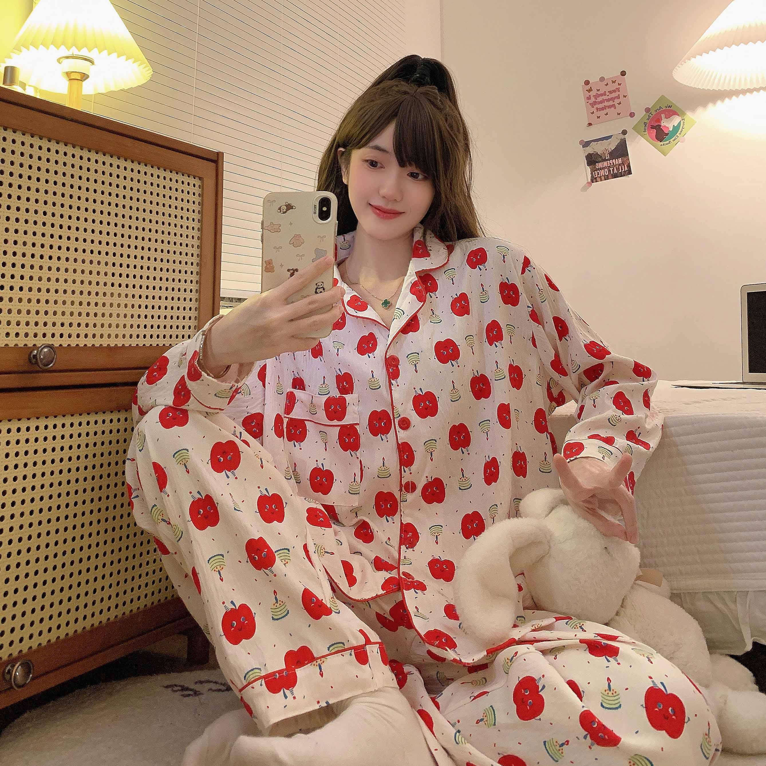 

Пижама больших размеров, женская пижама с принтом вишни, комплект с длинными рукавами и брюками, домашняя одежда с оборками 5XL