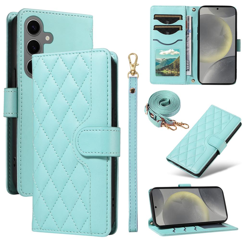 For Samsung Galaxy S25/S24 Case Wallet Rhombus Leather Phone Cover with Shoulder Strap,Wrist Strap