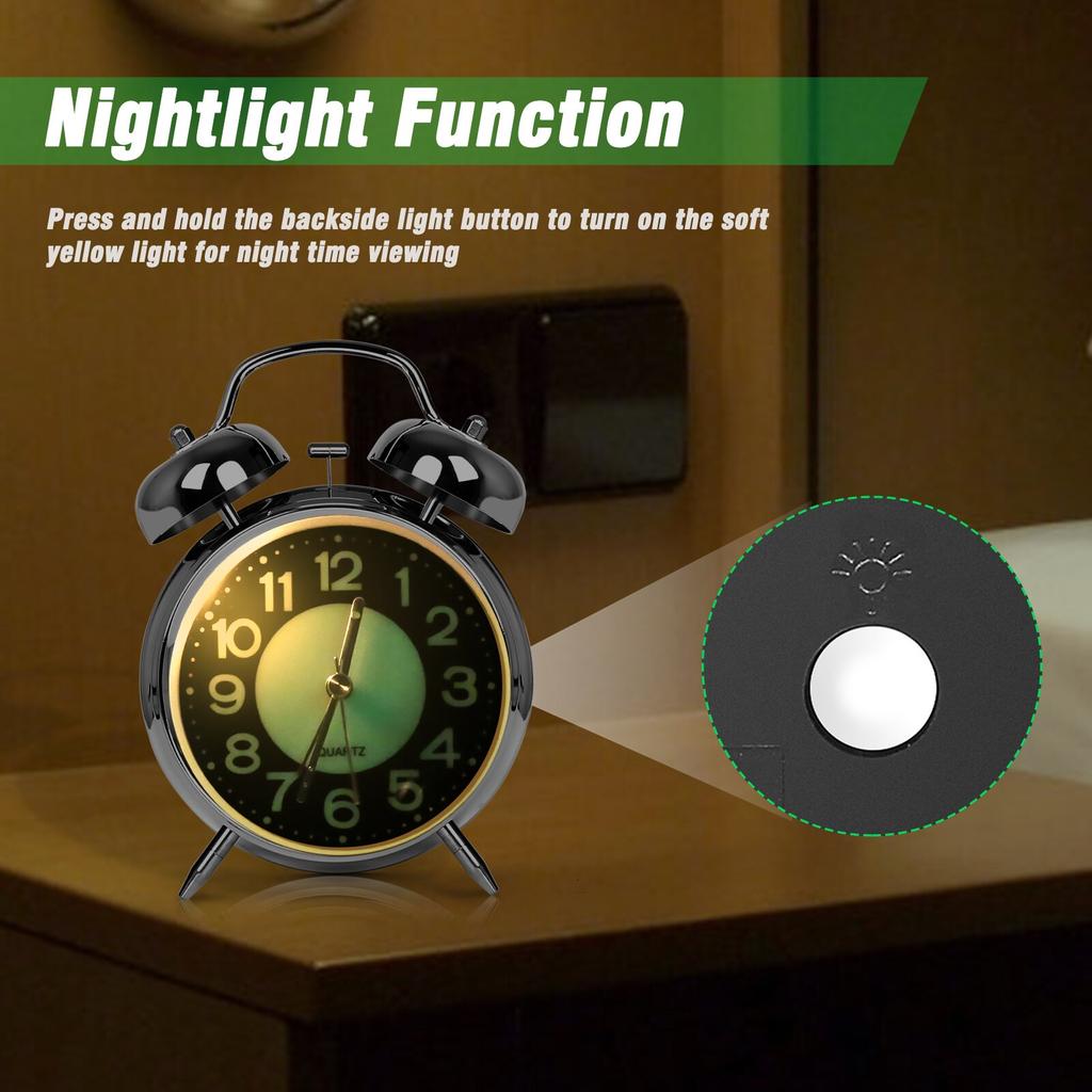4 Zoll großer, superlauter Wecker mit Doppelglocke und Nachtlicht für Menschen mit tiefem Schlaf