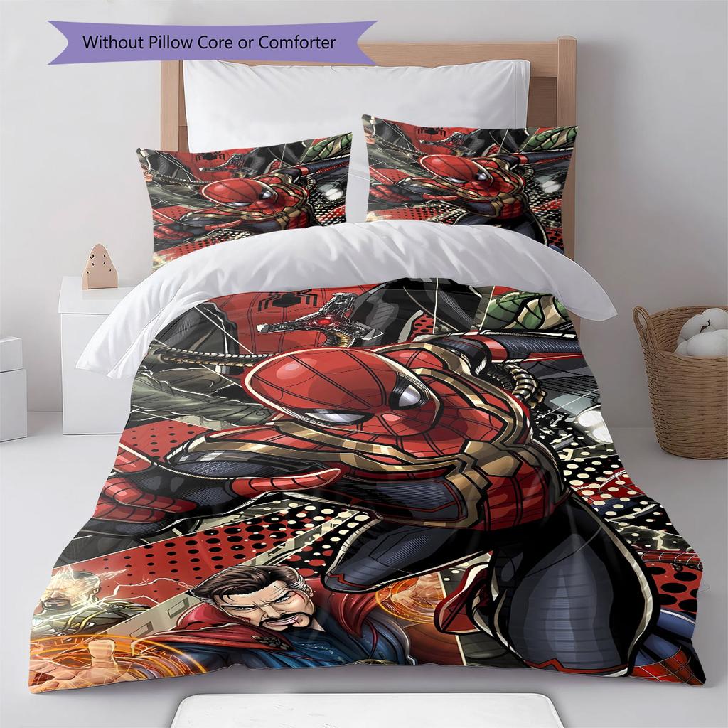 Superhero Series Spider-Man Cartoon Pattern Bedroom Three-piece Duvet Cover Bedding Set for Children.