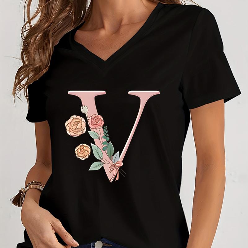 Cartoon Alphabet Flower Graphic Tee Womens Clothing Pink Flower Alphabet Gift Tshirt FeUnisex Vintage 26 Initials Flower Tshirt