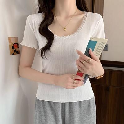 White Pure and Sweet Lace Slim Fit and Slim Bottoming for Women's Spring and Summer Front Shoulder Inner Wear Design Short-sleeved T-shirt Top