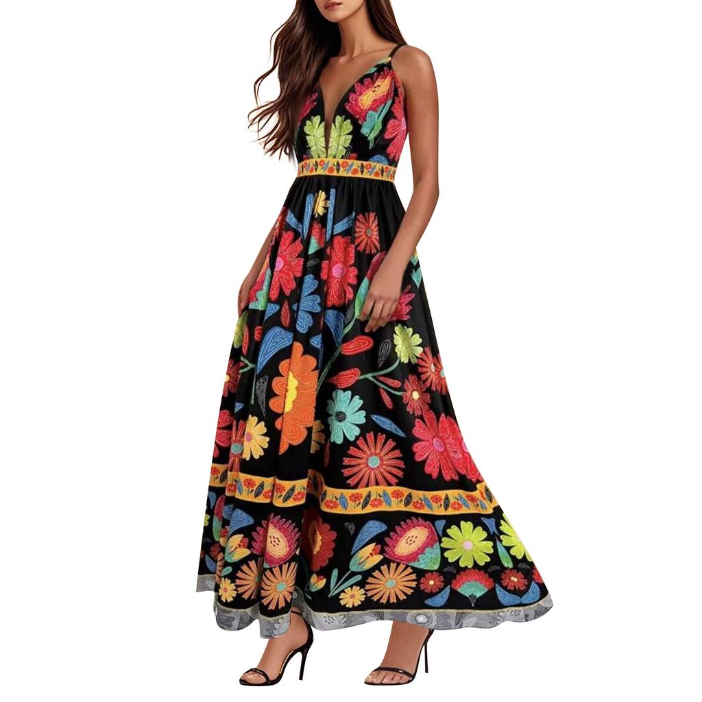 Women's Casual Fashion Vintage Floral Print Suspender Dress Elegant Holiday Dress