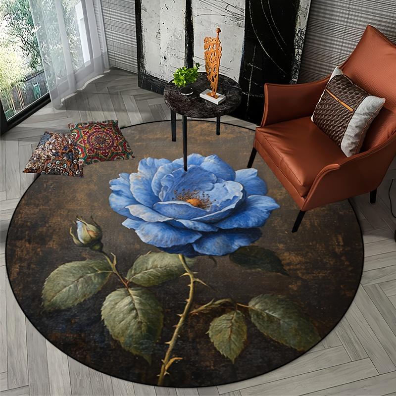 Luxury Blue Rose Floral Pattern Round Shape Floor Mats Kitchen Hallway Runner Rug Bedroom Living Room Soft Carpet Non-slip Area Rug