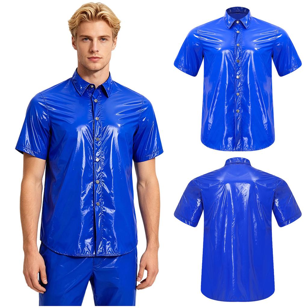 Men‘s Waterproof Button Front Shirt Short Sleeve Wet Look T-Shirt for Rainy Days Beach Club Camping Fishing
