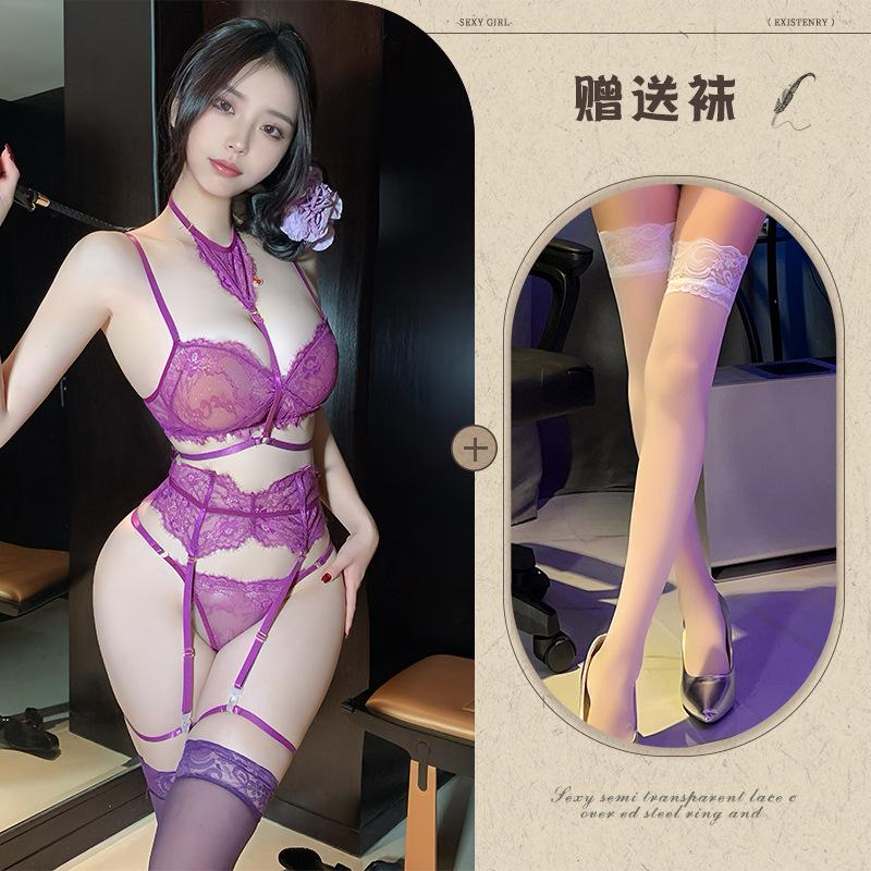 Purple sexy lingerie neck lace lace gathering bra sexy leg ring set