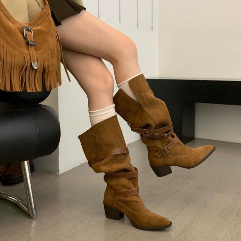 Fashion 2025 New All-Rider Boots Pointed Toe Platform Block Heel Mid-Leg Boots