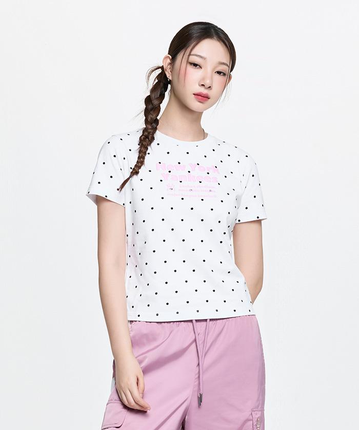 Emelbi Women'S Dot Pattern Lettering Slim Semi-Crop Short Sleeve T-Shirt Ny (White)