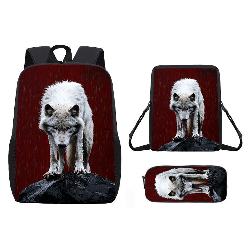 Zaino Stampato con Animale Lupo da 17 Pollici Zaino per Studenti Maschi e Femmine Zaino Scolastico per Bambini Set da Tre Pezzi