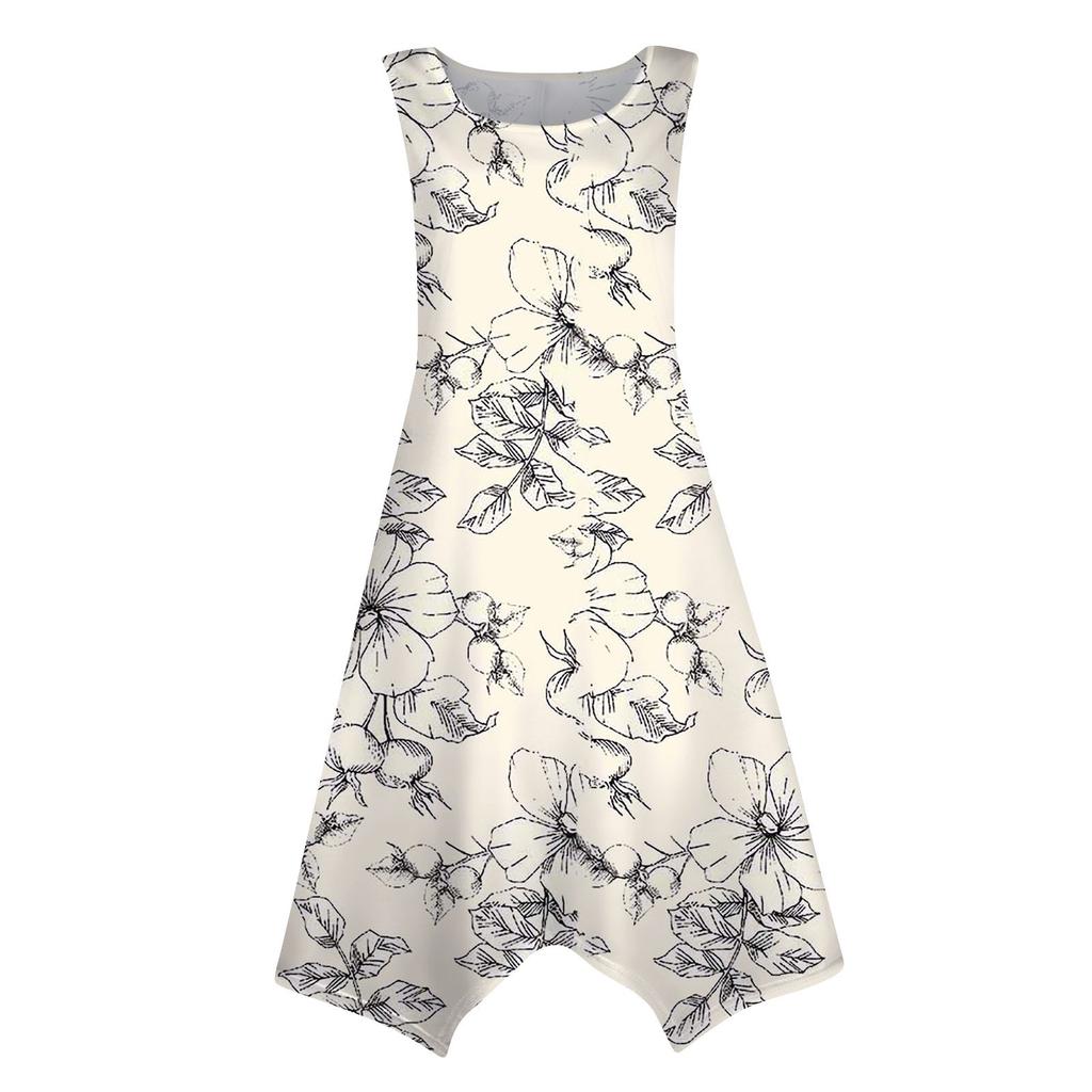 Lässiges, modisches Damen-Midikleid mit Rundhalsausschnitt, ärmellos, Blumendruck, unregelmäßiger Saum