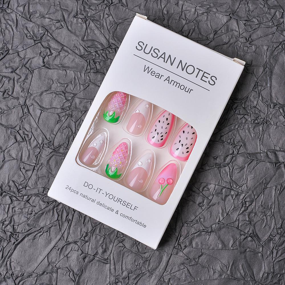 Französische Sommerfrüchte Nagelkunst: 24 Stück 3D Kirsch-Mandel-Press-On-Nägel