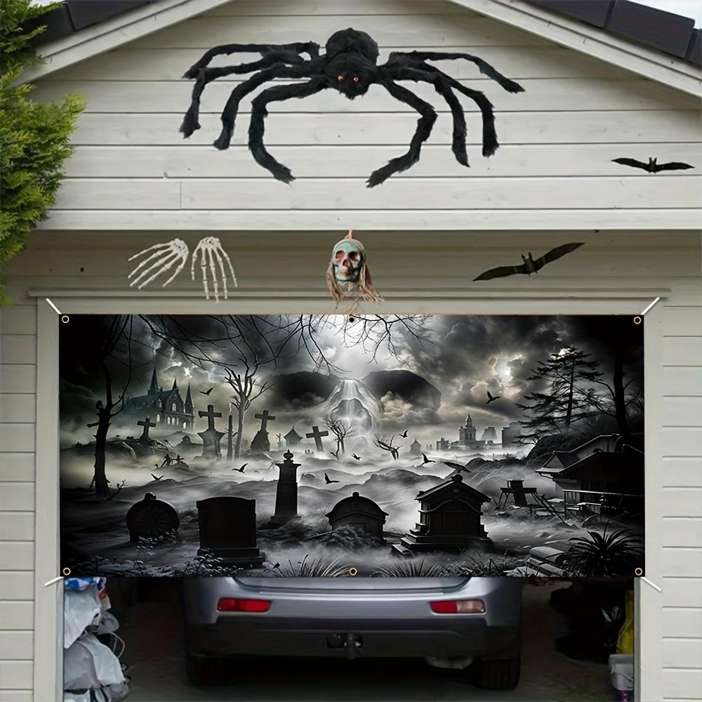 Halloween Garage banner - Durable polyester eerie cemetery and giant skull design Halloween horror party