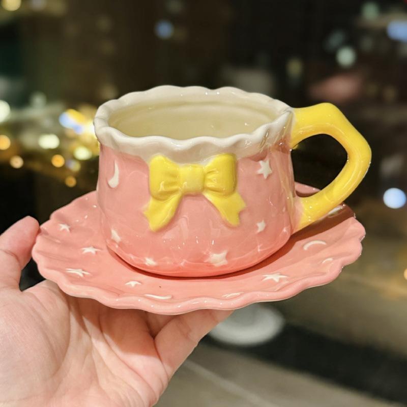 Kleine frische Sternenhimmel Tasse und Untertasse Keramik Kaffeetasse Büro Mädchen Herz Schleife Nachmittagstee Tasse und Untertasse Souvenir