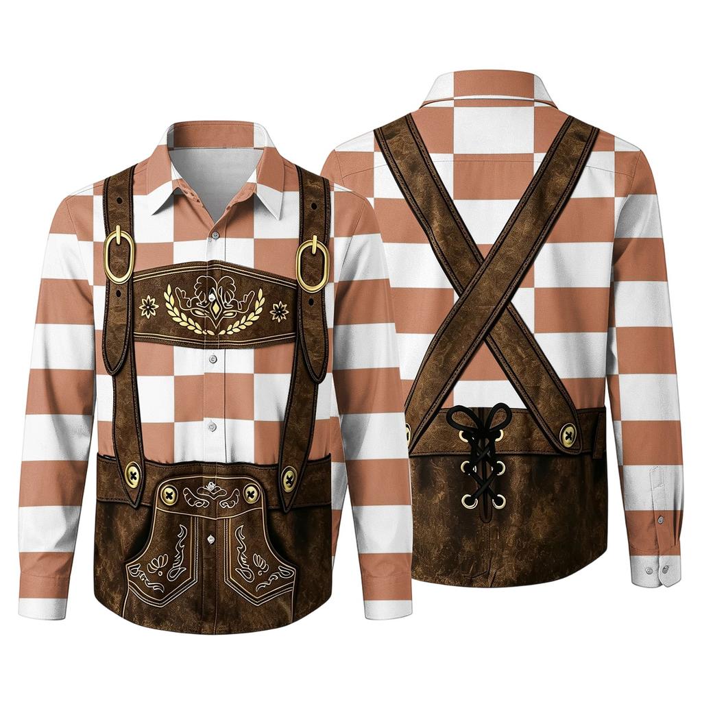 Men’s 3D Printed Plaid Long Sleeve Shirt with Vintage Pattern Relaxed Fit Button Down Collar for Festivals Parties and Outdoor Activities