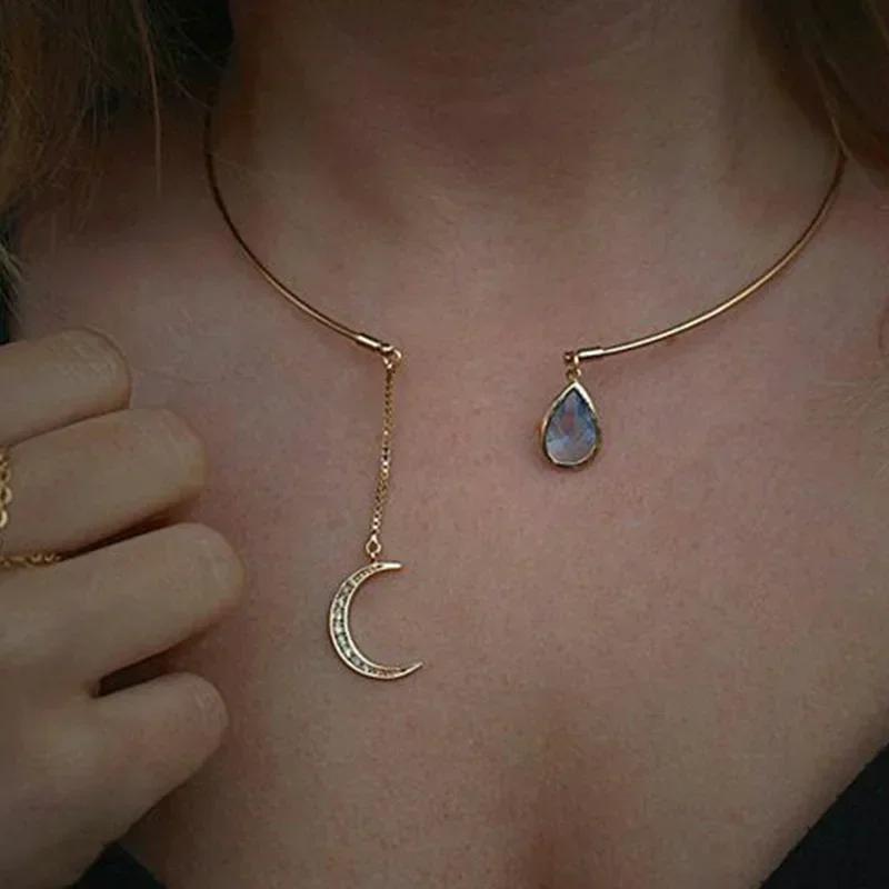 

Women s Water Drop Necklace Collar Creative and Fashionable Neck Jewelry Niche Design Sense High-end Moon Studded Diamond