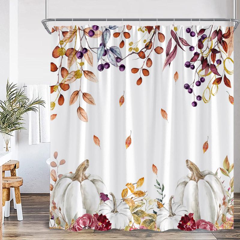 Autumn Pumpkin Shower Curtains Fall Watercolour Plant Leaves Modern Minimalist Polyester Fabric Home Bathroom Decor With Hooks