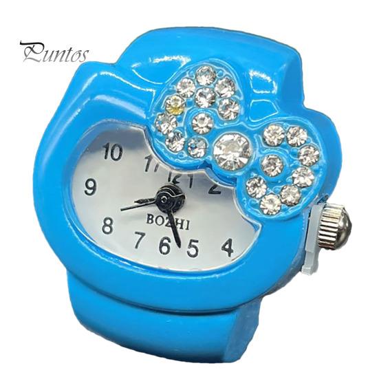 Cat Shape Ring Watch Cartoon Finger Rhinestone Bowknot Elastic Stainless Steel Band Women Birthday Gift Fashion Accessories
