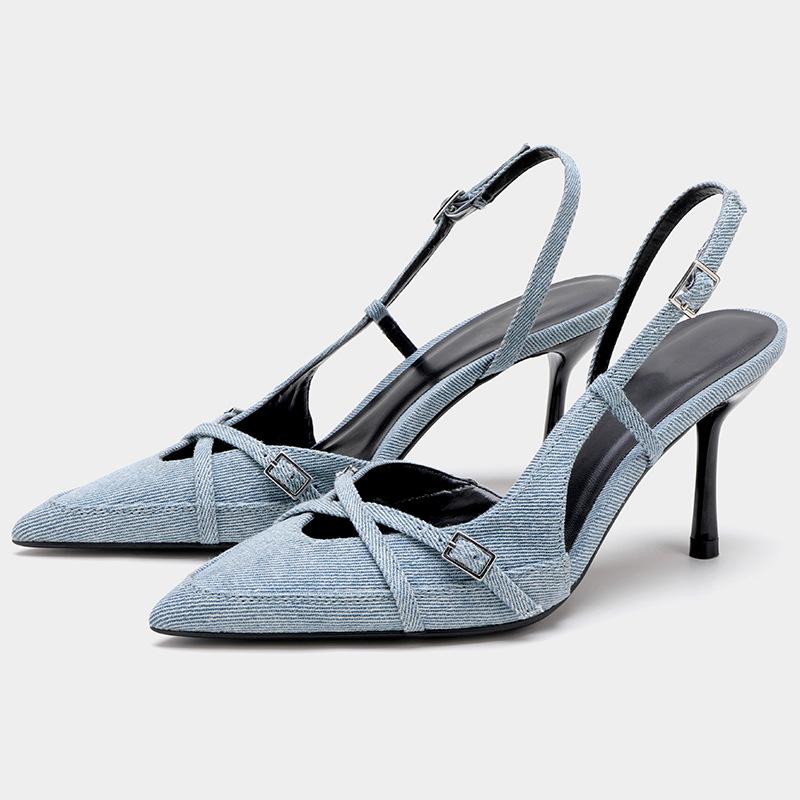 

Ins style Fashion Blue Denim Strap Buckle Women Pumps Elegant Pointed toe Thin High heels Slinbacks Mules Party Shoes Sandalias 35