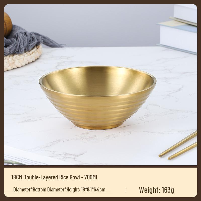 304 Stainless Steel Double Layer Heat-Insulated Ramen and Soup Bowl - Large Gold Noodle Mixing Bowl