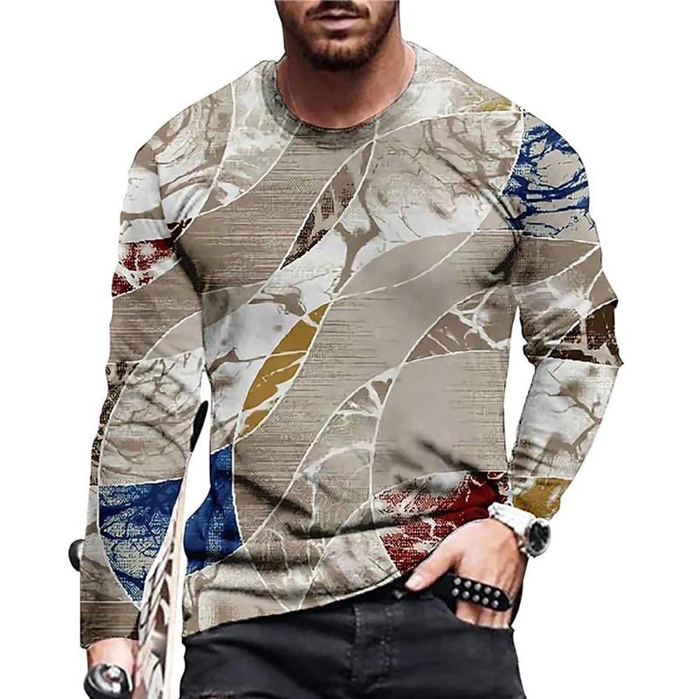 Camiseta masculina retrô com gola redonda e manga comprida, estampa colorida em bloco 3D, primavera, outono, solta, casual, roupa masculina