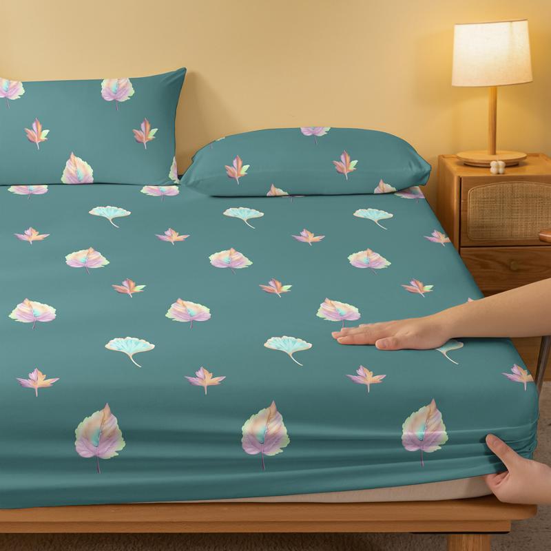 1 Simple Modern Plant Flower Leaf Printed Matte Fitted Sheet, Bedroom Printed Bed Cover, Bedding (Excluding Pillowcases)