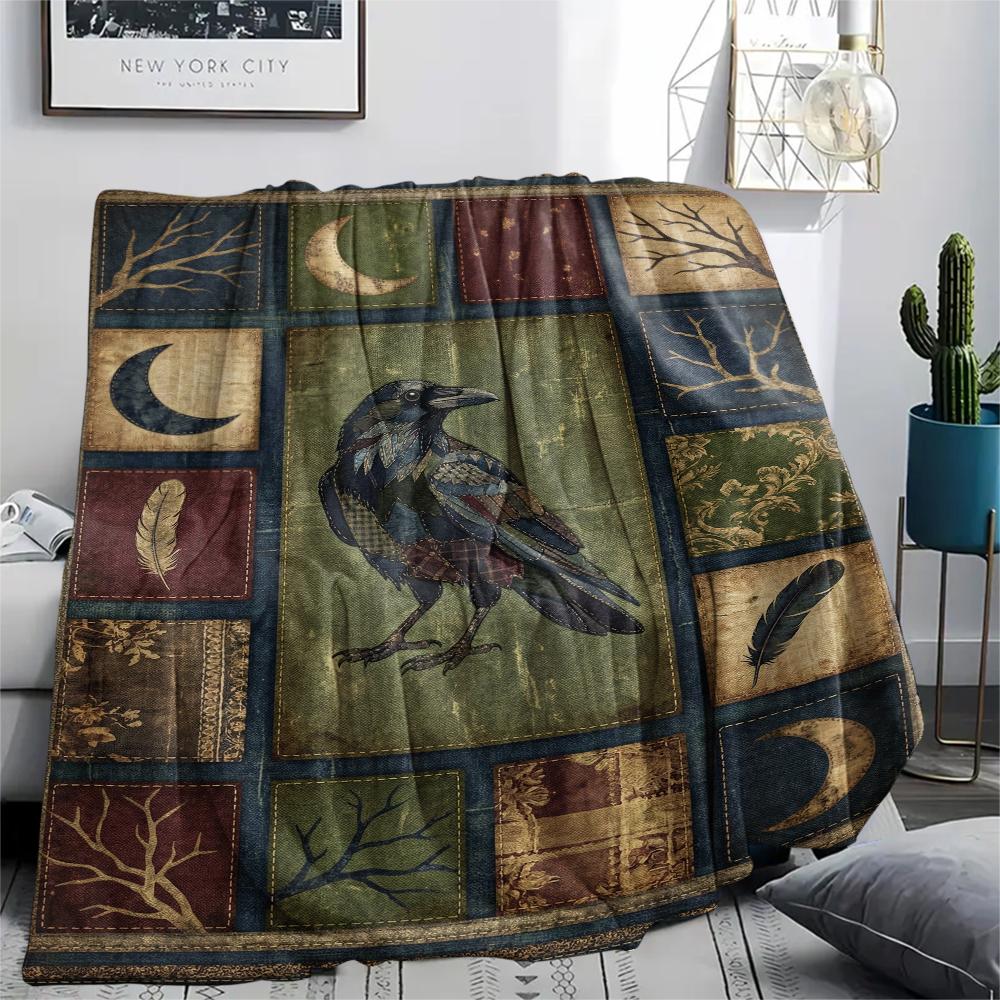 Crow Print Flannel Blanket, High quality Comfortable for All Seasons, Home Decor, Warmth and Comfort, Perfect for Christmas Gifts47