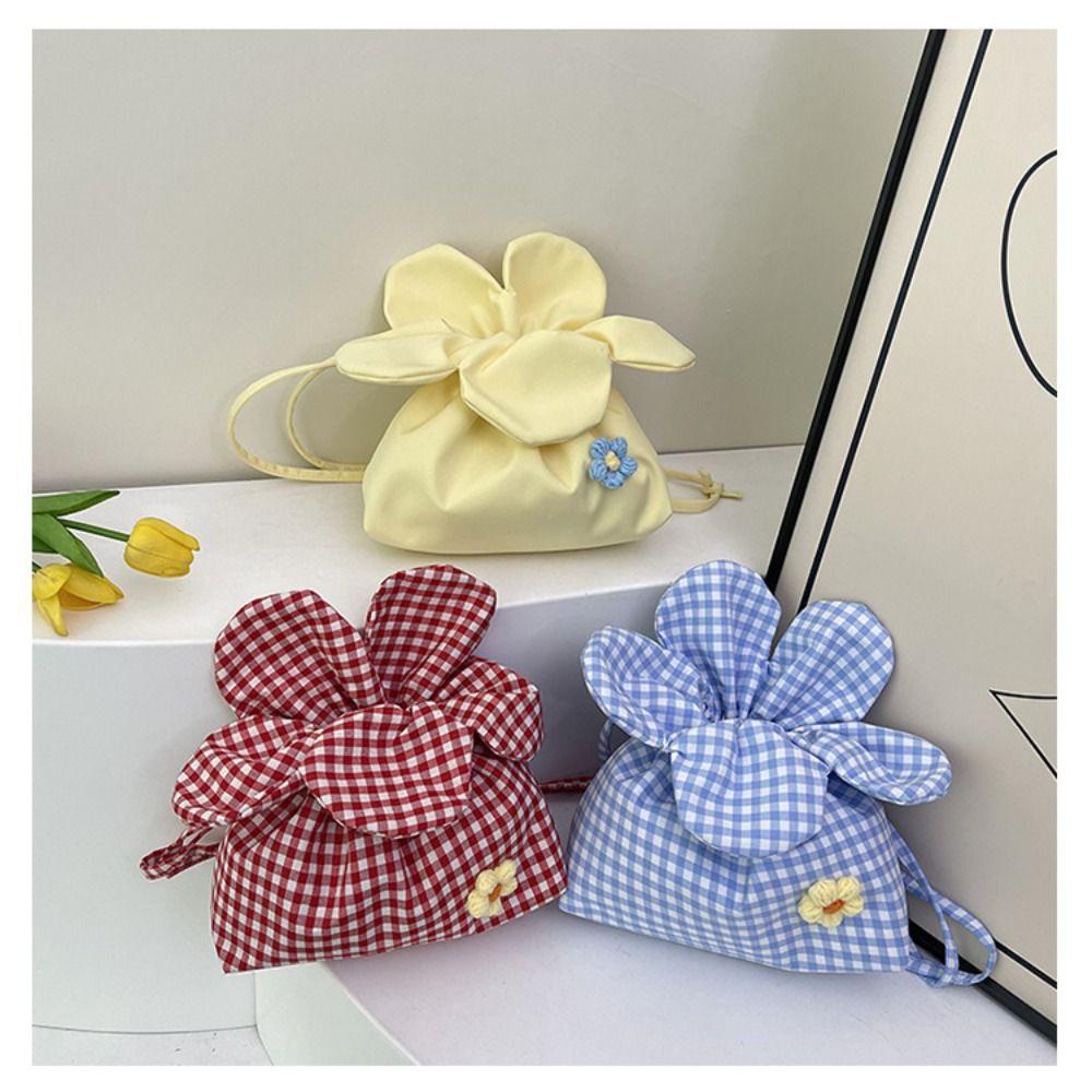 Korean Style Plaid Drawstring Bag Cute Shoulder Bags Casual Flower Handbag  Women