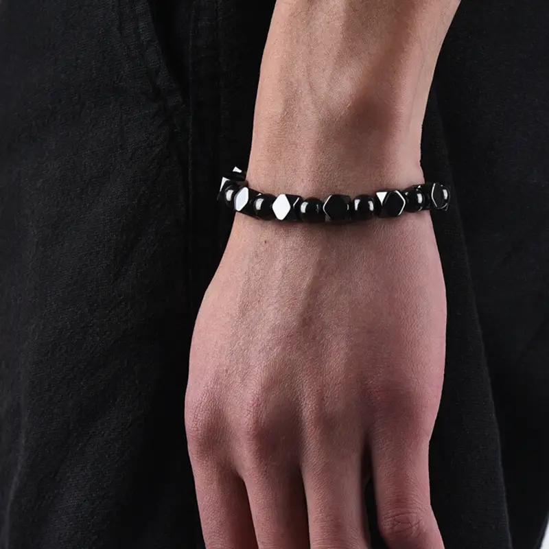 Pulseira Masculina de Contas de Obsidiana Negra, Hematita e Olho de Tigre - Pedra Natural, Proteção Circulatória, Joia Durável, Design Elegante de Contas