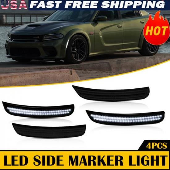 [WHITE LED STRIP] Front+Rear Smoked For Side Marker Dodge Lights 15-22 Charger