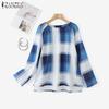 ZANZEA Women Casual Round Neck Plaid Print Long Sleeve Cover Up Tee Tops
