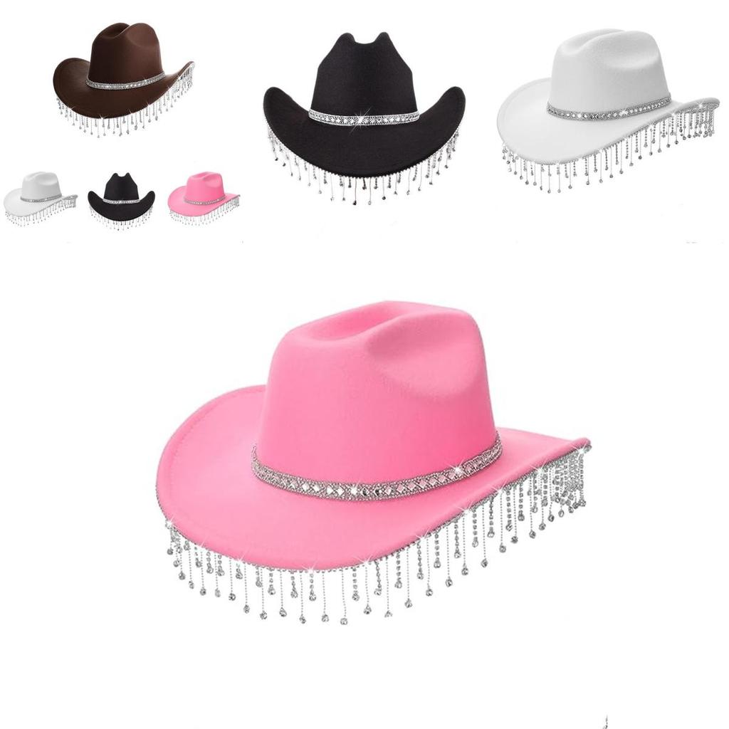 Pink Felt Cowboy Hat With Rhinestone Tassel Decoration For Allseason Sun Protection