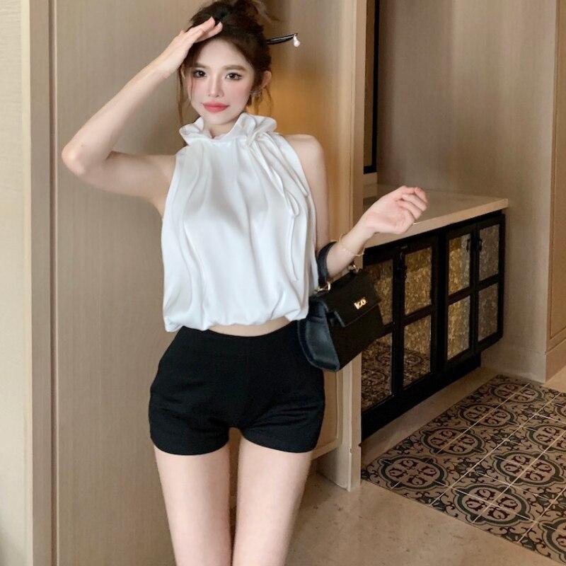 Sexy Sleeveless Vest Summer Short Tops Tank Top Women Vests Fashion Flower Bud Collar Drawstring Solid Color Chic Clothes 26811