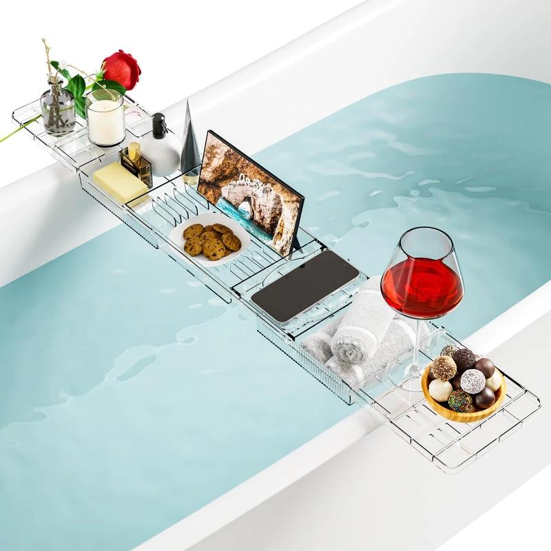 Bathtub Tray Acrylic Shelf Retractable Storage Rack Wine Tablet Book Half Bath Tray Bathroom Organization Bathtub Accessories