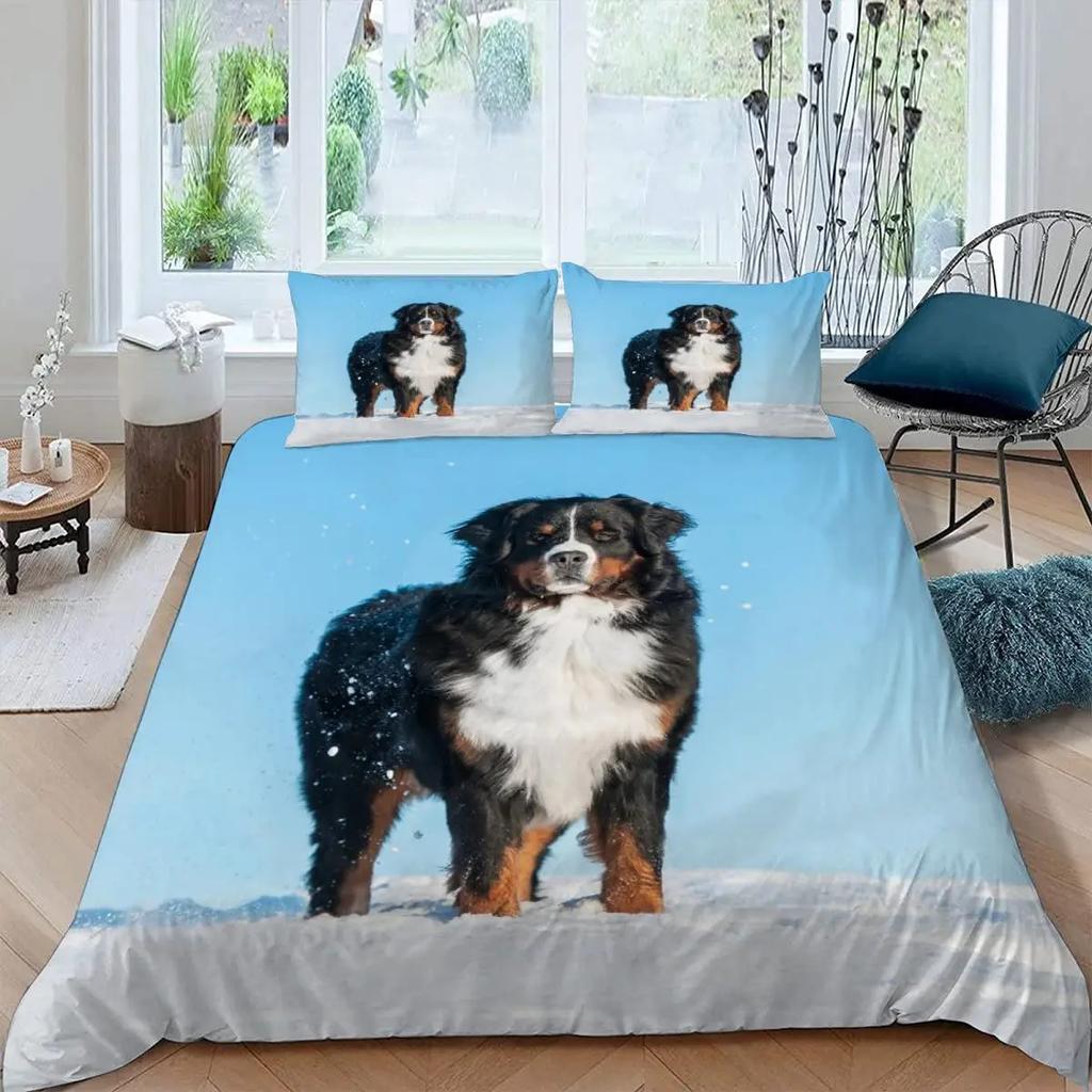 Dogs Duvet Cover Set Cute Animal Bedding Set Microfiber Bernese Mountain Dog Comforter Cover Twin Full Size For Kids Teens Boys