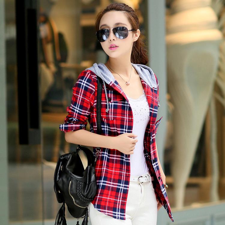 

2025 Women s Autumn Slim Fit Hooded Plaid Shirt - Korean Style Long Sleeve 3XL