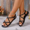 New Woven Flat Sandals with Elastic Bands, Lightweight, Solid Color, Comfortable Beach Sandals