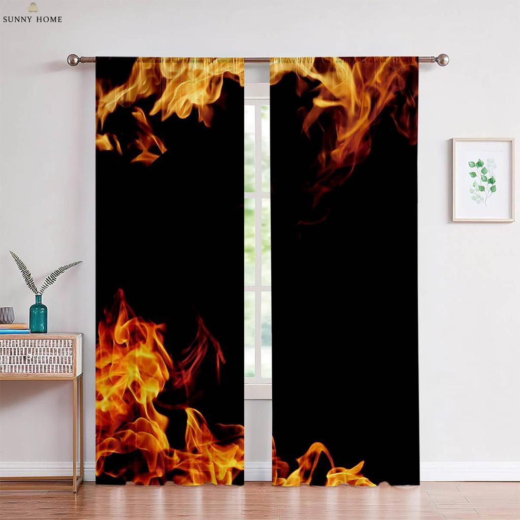 Flame Skull 3D Printed Curtains Cool Black Curtains Living Room Kitchen Bedroom Decorative Curtains Easy To Wash And Care 2 Pcs