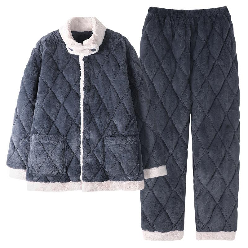Pajamas Men'S Winter Coral Fleece Three-Layer Padded Cotton Thickened Fleece Homewear Warm Padded Jacket Flannel Stand-Up Collar Set
