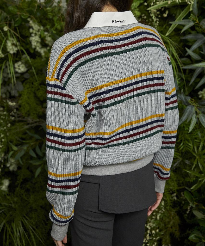 KANDINI Gray Striped Knit Polo Shirt
