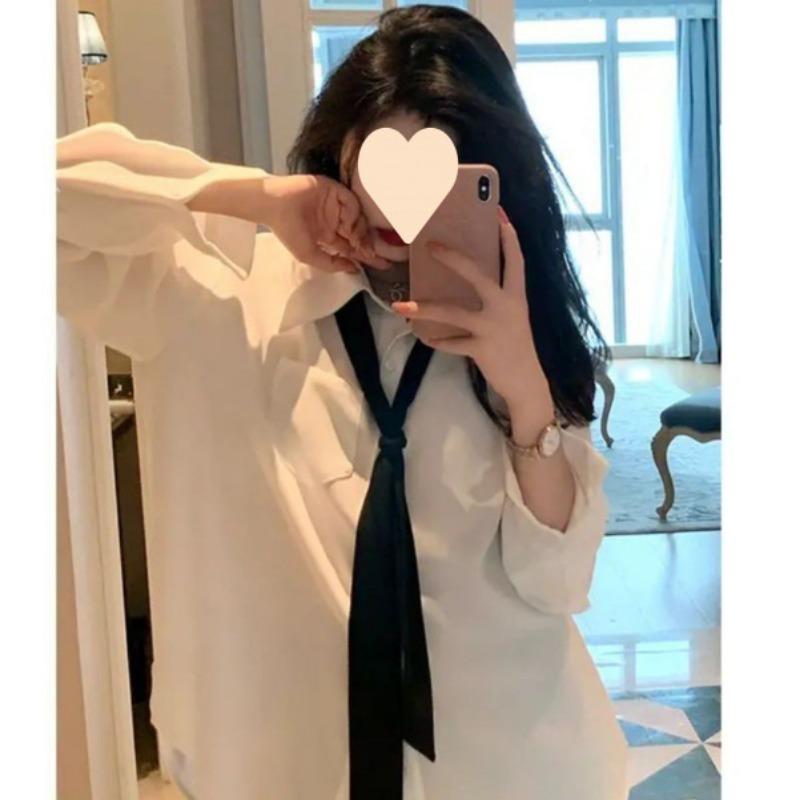Women's Oversized Lazy Style Long Sleeve Shirt White Casual Blouse for Spring and Autumn, Loose Fit Comfortable Shirt , No Tie Included