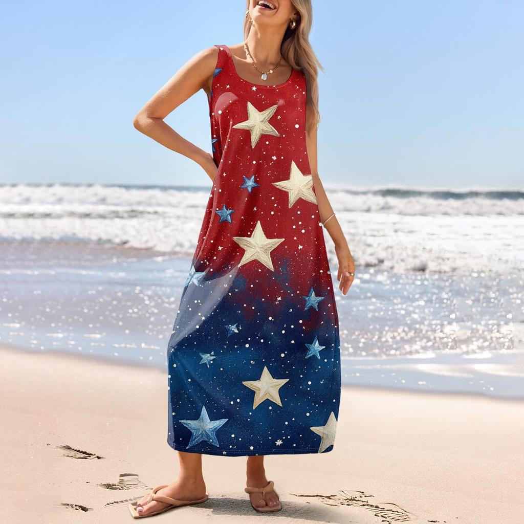 Women's Casual Long-length Sundress Summer Beach Dress Round Neck Sleeveless Loose Sundress