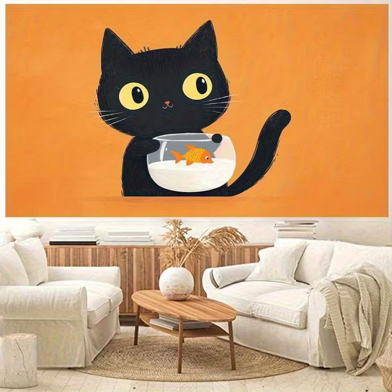 2D Simple Art Black Cat & Goldfish Dorm Wall Hanging