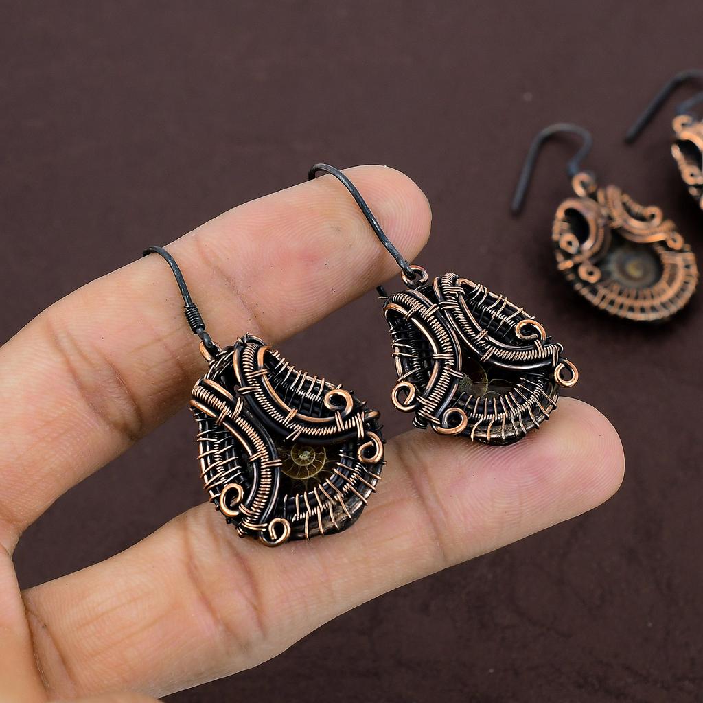 Ammonite Handmade Copper Wire Wrap Gift Jewelry Earring 1.85 N9T26