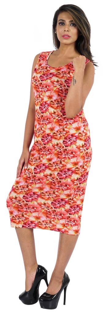 Bimba Printed Bodycon Midi Dress For Women Casual Sleeveless Viscose Jersey