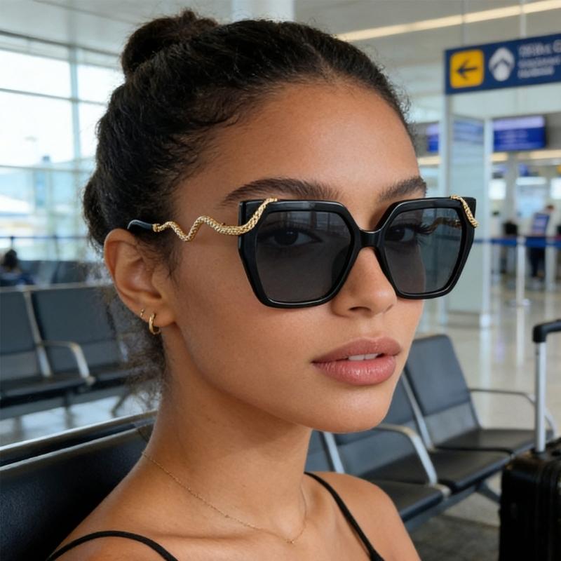Fashion Square Frame Sunglasses With Metal Snake Temples For Men And Women UV400 Protections Large Lens Sun Glasses